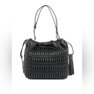 FURLA Black Woven Caos Leather Shoulder bucket bag with Textured Design